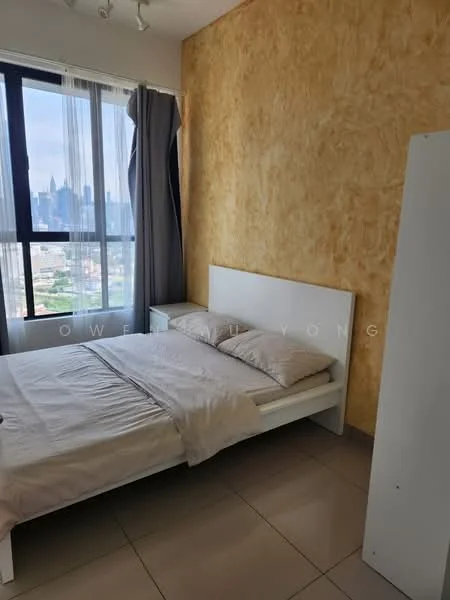 Bedroom features: queen-size bed, white bed frame, two beige pillows, white bedside table, floor-to-ceiling window, grey curtains, textured yellow accent wall, light-colored tile flooring; style: modern; view: city.
