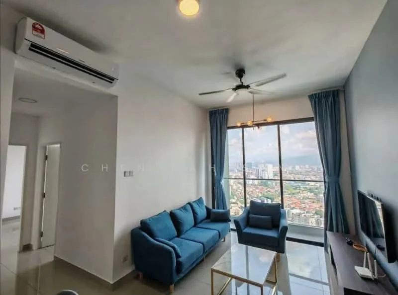 Living features: 3-seater fabric sofa in blue, single armchair in blue, wall-mounted TV, TV console, ceiling fan with light, floor-to-ceiling windows, curtains in blue, light grey walls, polished tile flooring, recessed ceiling lights; style: modern; view: city.