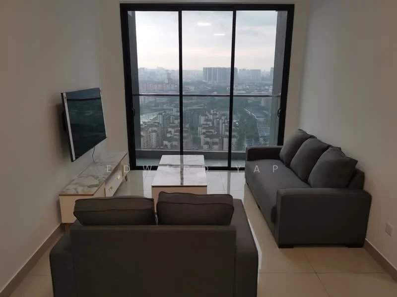 Living features: grey fabric 3-seater sofa, grey fabric 2-seater sofa, white coffee table, wall-mounted TV, marble TV console, floor-to-ceiling windows, city skyline view, light-colored tiled flooring, neutral painted walls, recessed ceiling lights; style: modern; view: city.