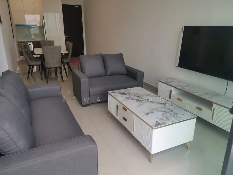 Living features: grey fabric 3-seater sofa, grey fabric 2-seater sofa, marble-top coffee table with gold accents, wall-mounted TV, light-colored tiled flooring, white painted walls, recessed lighting, floor-to-ceiling windows, decorative wall paneling; style: modern.