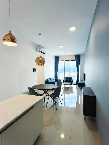 Living features: white painted walls, glossy tile flooring, 5-blade ceiling fan with light, recessed LED downlights, floor-to-ceiling windows, blue fabric sofa, round dining table, 4 grey dining chairs, wooden sideboard, hanging pendant light, curtains, TV console, wall-mounted TV; style: modern; view: city.