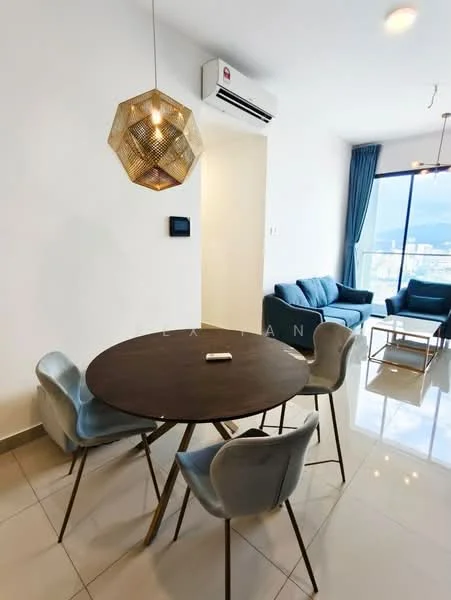 Dining features: round dining table, 4 upholstered dining chairs in grey, pendant light fixture, wall-mounted air conditioning unit, white painted walls, glossy tile flooring, floor-to-ceiling windows, curtains, view of city skyline; style: modern; view: city. Living features: 2-seater fabric sofa in blue, coffee table, floor-to-ceiling windows, curtains; style: modern; view: city.