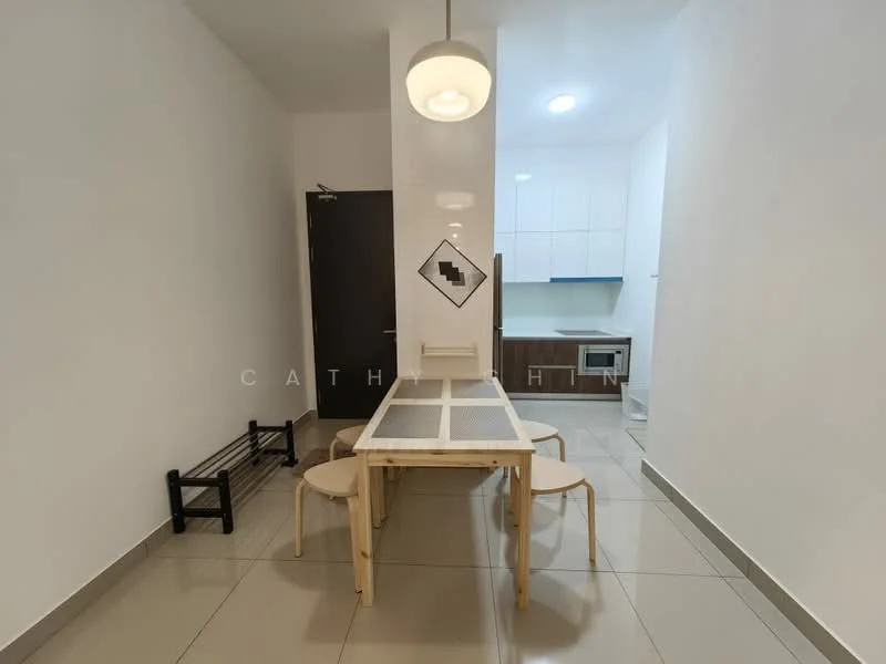 Dining features: white walls, glossy tile flooring, dining table with transparent top, two wooden stools, pendant light fixture, built-in kitchen cabinetry, microwave, kitchen countertop, recessed ceiling lights; style: modern.