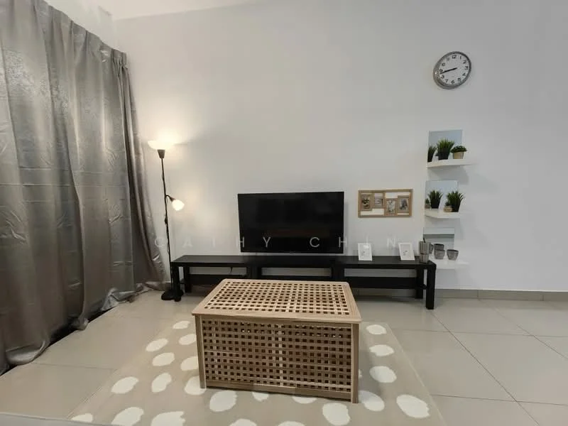 Living features: grey curtains, floor-to-ceiling windows, light-colored wall, polished tile flooring, black TV console, wall-mounted TV, decorative shelves, decorative plants, round wall clock, coffee table with lattice design, area rug with polka dots, standing lamp; style: modern.