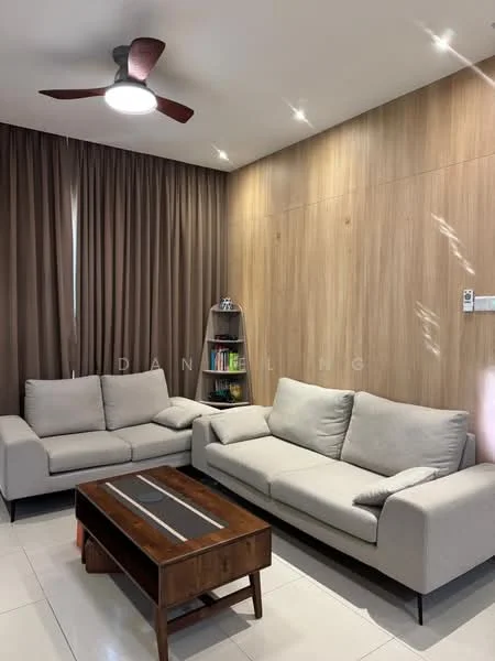 Living features: 2-seater fabric sofa in light grey, 3-seater fabric sofa in light grey, wooden coffee table with dark finish, ceiling fan with 3 blades, light-coloured tiled flooring, wood panel accent wall, floor-to-ceiling curtains in dark brown, bookshelf with open shelving; style: modern.