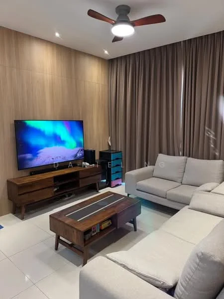 Living features: 3-seater fabric sofa in light grey, wooden coffee table with dark wood finish, TV console with storage drawers, wall-mounted flat-screen TV, recessed downlights, 5-blade ceiling fan with light, cream curtains, wood panel accent wall, glossy tile flooring, decorative wall art; style: modern.