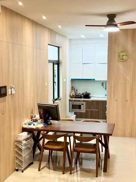 Kitchen features: wood panelled walls, white cabinetry, stainless-steel microwave, built-in oven, black countertop, kitchen sink, chrome faucet, recessed downlights, ceiling fan, dining table with wooden surface, 3 wooden chairs, tile flooring; style: modern.