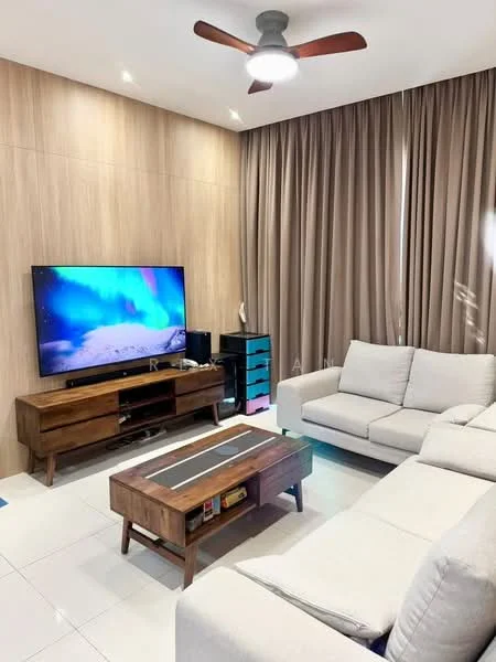 Living features: 3-seater fabric sofa in light grey, wooden coffee table with storage, TV console in wood, wall-mounted TV, floor-to-ceiling curtains in beige, wood panel accent wall, recessed downlights, ceiling fan with wooden blades, glossy tile flooring, decorative items on console; style: modern.