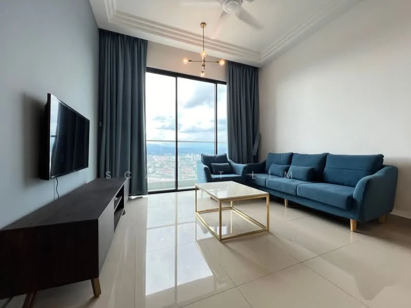 Living features: 3-seater fabric sofa in blue, coffee table with gold frame, wall-mounted TV, TV console in dark wood, floor-to-ceiling windows, sheer curtains, ceiling fan with light, glossy tile flooring, decorative light fixture, city view; style: modern; view: city.