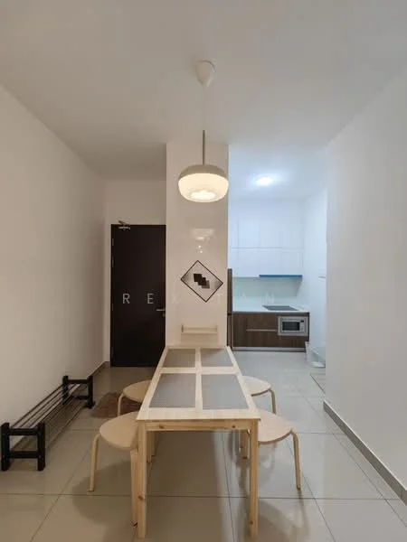 Dining features: rectangular wooden dining table, 4 wooden stools, white painted walls, cream tiled flooring, pendant light fixture, wall-mounted artwork, door leading to hallway, kitchen area visible in background, built-in cabinetry in kitchen, microwave visible in kitchen; style: modern.
