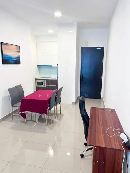 Dining features: 4-seater dining table with red tablecloth, grey upholstered dining chairs, white painted walls, glossy tile flooring, built-in kitchen cabinetry, microwave, stainless-steel fridge, kitchen countertop, wall-mounted artwork, desk with wooden finish, office chair; style: modern.