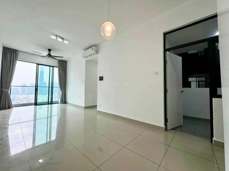 Living features: floor-to-ceiling windows, sliding glass door, grey tiled flooring, white painted walls, 5-blade ceiling fan with light, recessed LED downlights, curtains, air conditioning unit, open layout, city view; style: modern; view: city. Room features: white painted walls, door to another room.