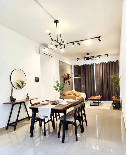 Dining features: 6-seater dining table, black dining chairs, pendant lamp, wall-mounted split AC, decorative mirror, plant in ceramic pot, white table runner, grey area rug, floor-to-ceiling windows with dark curtains, light grey tiled flooring, artwork on wall; style: modern. Living features: beige fabric sofa, coffee table, decorative plant, track lighting, wall-mounted TV, light grey tiled flooring; style: modern.