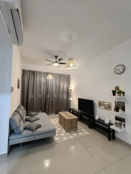 Living features: grey fabric sofa, coffee table with wicker design, wall-mounted TV, black TV console, area rug with circular pattern, 5-blade ceiling fan with light, recessed downlights, floor-to-ceiling curtains in grey, decorative wall clock, open shelving with plants; style: modern.