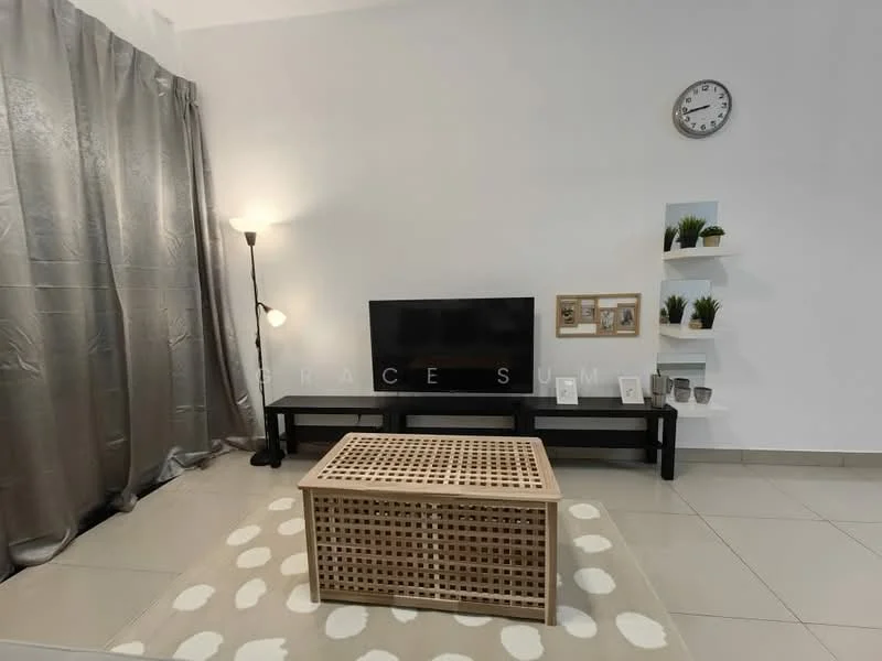 Living features: grey curtains, floor-to-ceiling windows, black TV console, wall-mounted TV, wooden coffee table with lattice design, area rug with polka dots, decorative wall shelves, framed artwork, table lamp, clock on wall, ceramic pots with plants, light-colored tiled flooring; style: modern.
