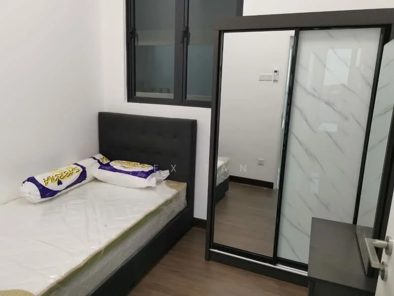 Bedroom features: single bed, upholstered headboard, mirrored wardrobe, wood laminate flooring, white painted walls, floor-to-ceiling windows, black window frames, decorative pillows; style: modern.