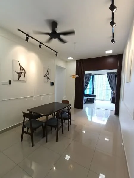Dining features: 4-seater dining table, black dining chairs, white painted walls, polished ceramic tile flooring, recessed LED downlights, ceiling fan, framed artwork on walls, sliding glass door leading to balcony; style: modern; view: city. Living features: sofa, curtains, floor-to-ceiling windows, natural light, wood paneling, decorative lighting; style: modern; view: city.