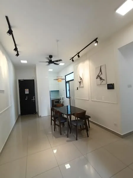 Dining features: dining table with four wooden chairs, grey tiled flooring, white painted walls, track lighting, 5-blade ceiling fan, wall-mounted artwork, open layout to kitchen, door leading to hallway; style: modern. Kitchen features: white cabinetry, built-in oven, microwave, stainless-steel fridge, countertop, open shelving; style: modern.