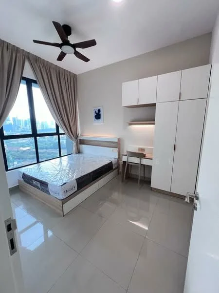 Bedroom features: king-size bed with mattress, wooden headboard, 2 bedside lamps, built-in wardrobe with sliding doors, study desk with lamp, floor-to-ceiling windows, curtains, ceiling fan with 5 blades, glossy tile flooring, wall-mounted artwork, neutral painted walls; style: modern; view: city.