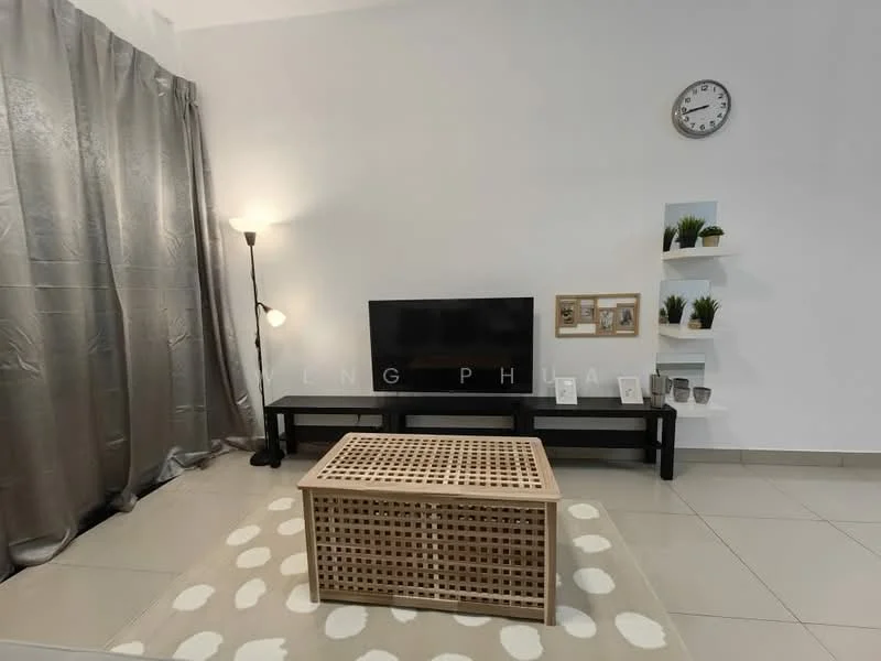 Living features: grey curtains, floor-to-ceiling window, black TV console, wall-mounted TV, wooden coffee table with lattice design, area rug with polka dots, decorative wall shelves, framed artwork, table lamp, clock on wall, ceramic pots with plants, light-colored tiled flooring; style: modern.