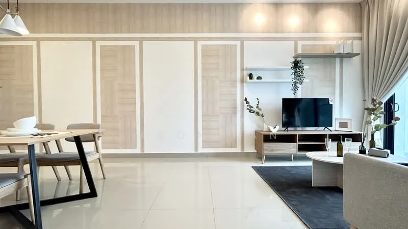 Living features: light grey sofa, black coffee table, TV console with storage, wall-mounted TV, decorative plant on shelf, wood panel accent wall, cream painted walls, large windows with sheer curtains, recessed lighting, area rug with geometric pattern, dining table with wooden chairs, decorative vase on table; style: modern.