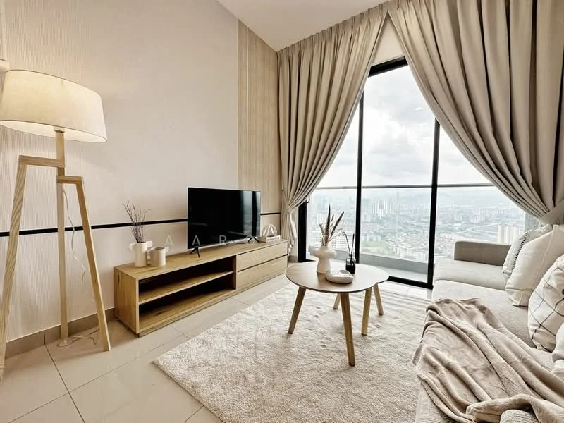 Living features: floor-to-ceiling windows, grey fabric sofa, wooden coffee table, TV console, wall-mounted TV, area rug, lampshade floor lamp, decorative vase, light curtains, neutral wall color, cream tiled flooring; style: modern; view: city.