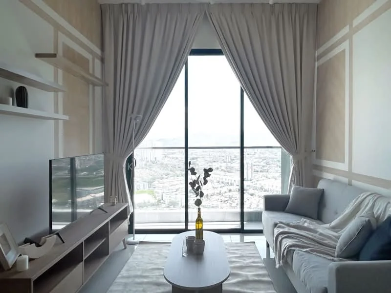 Living features: floor-to-ceiling windows, grey fabric sofa, wooden coffee table, TV console, wall-mounted TV, decorative vase on table, sheer curtains, light-colored wall with geometric pattern, wooden shelving unit, area rug, city view; style: modern; view: city.