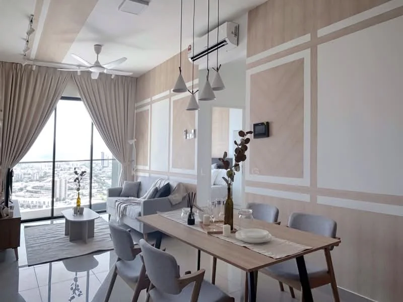 Dining features: dining table with wooden surface, 4 upholstered dining chairs, pendant lighting above table, floor-to-ceiling windows, sheer curtains, decorative vase with dried flowers, area rug with geometric pattern, wall-mounted TV, light-colored walls with wood paneling, recessed ceiling lights, ceiling fan with light, neutral color palette; style: modern; view: city. Living features: fabric sofa in light grey, coffee table, decorative throw pillows, wall-mounted artwork, light-colored walls, recessed ceiling lights, floor-to-ceiling windows, sheer curtains; style: modern; view: city.