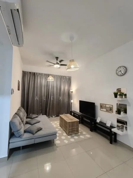 Living features: grey fabric sofa bed, coffee table with woven design, wall-mounted TV, black TV console, area rug with polka dots, 5-blade ceiling fan with light, recessed downlights, curtains in grey, decorative wall clock, open shelving with decorative items, white painted walls, glossy tile flooring; style: modern.