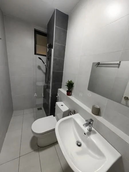 Bathroom features: white tiled walls, grey accent wall, ceramic tile flooring, walk-in shower with glass enclosure, chrome handheld shower, single-sink vanity with white cabinet, chrome basin mixer, one-piece toilet, framed mirror, small potted plant, wall-mounted towel holder; style: modern.