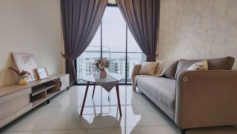Living features: beige fabric sofa, glass coffee table with patterned cloth, wooden TV console, floor-to-ceiling windows, curtains in dark brown, decorative vase with flowers, wall with textured finish, glossy tile flooring; style: modern; view: city.
