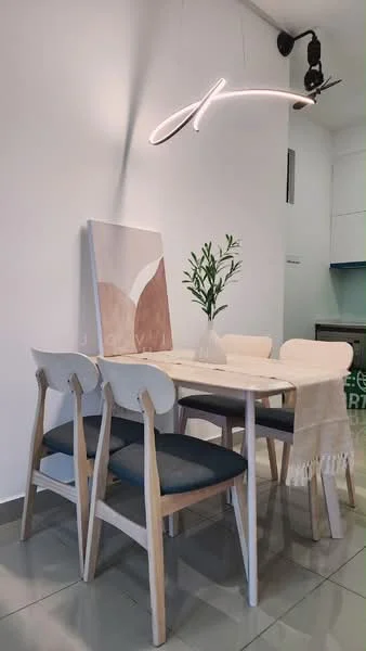 Dining features: 6-seater dining table, white table with wooden legs, upholstered dining chairs in white and blue, pendant light fixture, decorative artwork on wall, greenery in vase, ceramic table runner, glossy tile flooring; style: modern.
