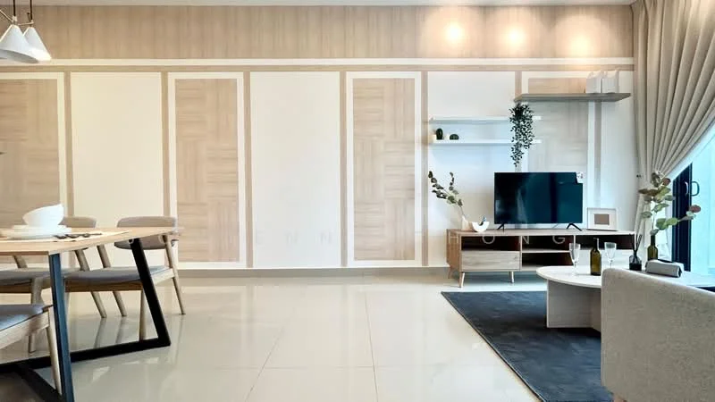 Living features: light wood accent wall, white painted walls, large floor-to-ceiling windows, grey area rug, flat-screen TV on wooden console, light wood console table, black coffee table, dining table with black legs, four dining chairs, decorative plant on shelf, recessed lighting, curtains, neutral tile flooring; style: modern.