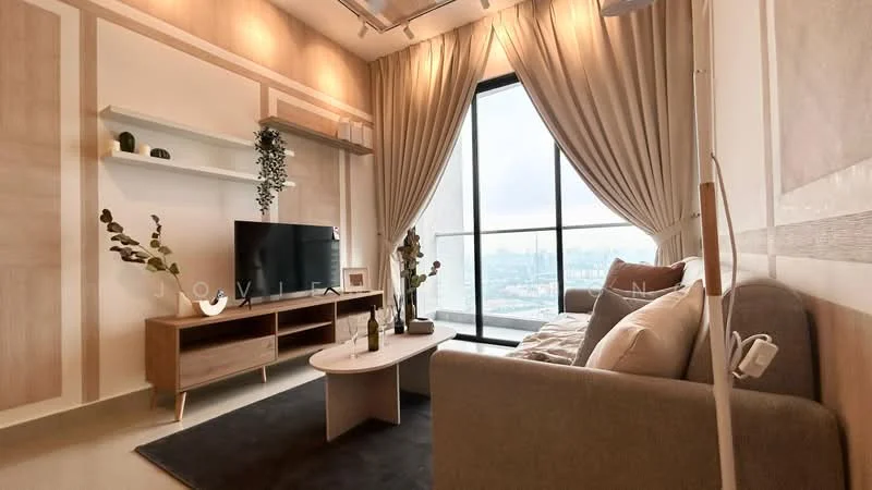 Living features: floor-to-ceiling windows, grey fabric sofa, wooden coffee table, TV console, wall-mounted TV, decorative plants, light wood paneling, curtains, recessed ceiling lights, area rug; style: modern; view: city.