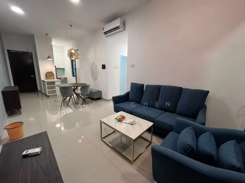 Living features: blue fabric 3-seater sofa, blue fabric armchair, white coffee table with gold accents, grey dining table for 4, 4 dining chairs, wall-mounted air conditioning unit, recessed ceiling lights, glossy tile flooring, decorative pendant light, black console table, wall-mounted TV, decorative wall art; style: modern.