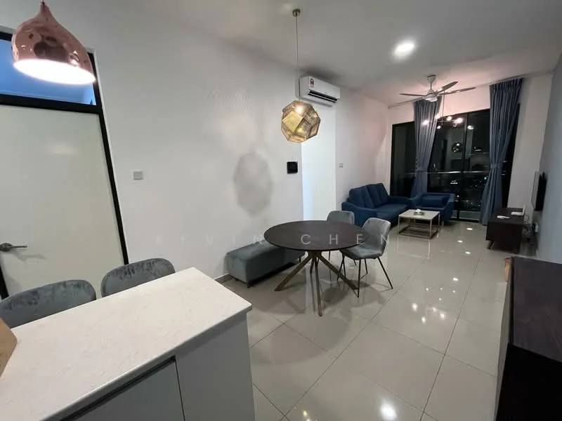 Living features: 3-seater fabric sofa in blue, 2-seater fabric sofa in grey, round dining table, 4 upholstered dining chairs, pendant light fixture, ceiling fan, wall-mounted TV, floor-to-ceiling windows, white walls, tile flooring, air conditioning unit, curtains; style: modern; view: city.