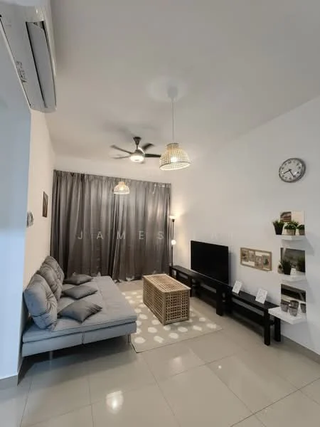 Living features: grey fabric sofa bed, coffee table with rattan design, wall-mounted TV, TV console, area rug with circular pattern, 5-blade ceiling fan with light, recessed downlights, floor-to-ceiling curtains, decorative wall shelves, wall clock, white painted walls, glossy tile flooring; style: modern.