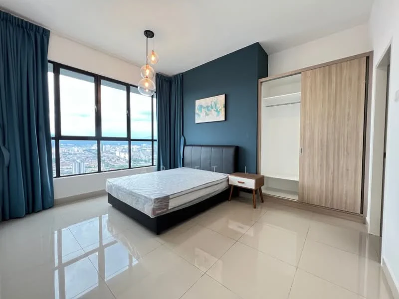 Bedroom features: king-size bed, black upholstered headboard, white mattress, floor-to-ceiling windows, city view, blue accent wall, light grey curtains, built-in wardrobe with sliding doors, wooden bedside table, hanging pendant light, glossy tile flooring; style: modern; view: city.