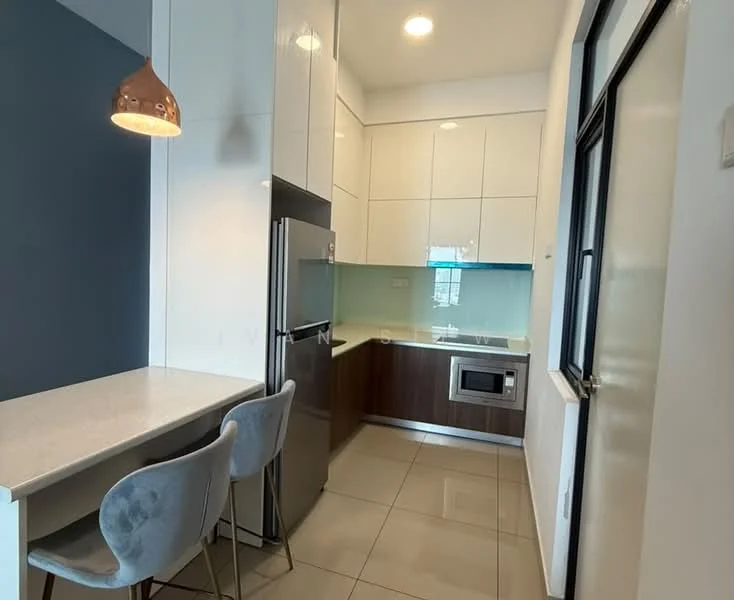 Kitchen features: white high-gloss cabinetry, grey stone countertop, stainless-steel fridge, built-in microwave, ceramic tile flooring, glass backsplash, pendant light fixture, bar seating with two grey upholstered stools, single-bowl stainless-steel sink, chrome pull-down faucet; style: modern.