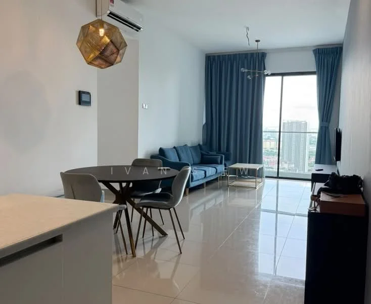 Living features: 3-seater fabric sofa in blue, round dining table, 4 upholstered dining chairs, wall-mounted TV, TV console, large floor-to-ceiling windows, curtains in dark blue, recessed downlights, air conditioning unit, polished tile flooring, decorative pendant light, decorative wall art; style: modern; view: city. Kitchen features: kitchen island with countertop, stainless-steel sink, built-in cabinetry, refrigerator, microwave, stove, ventilation hood; style: modern.