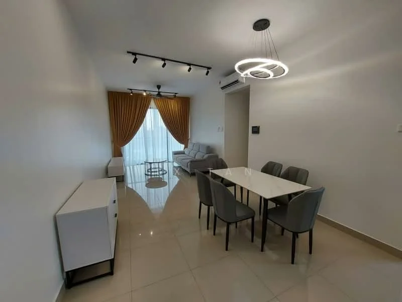 Dining features: white dining table, 6 upholstered dining chairs in grey, pendant light fixture, recessed LED downlights, floor-to-ceiling windows with sheer curtains, grey fabric sofa, white sideboard, cream tiled flooring; style: modern.