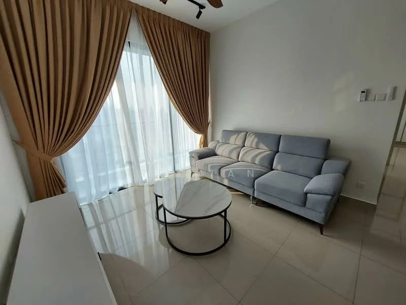 Living features: grey fabric sectional sofa, round marble coffee table, floor-to-ceiling windows, sheer white curtains, brown drapes, polished ceramic tile flooring, recessed downlights, wall-mounted TV console, decorative wall paneling; style: modern; view: city.
