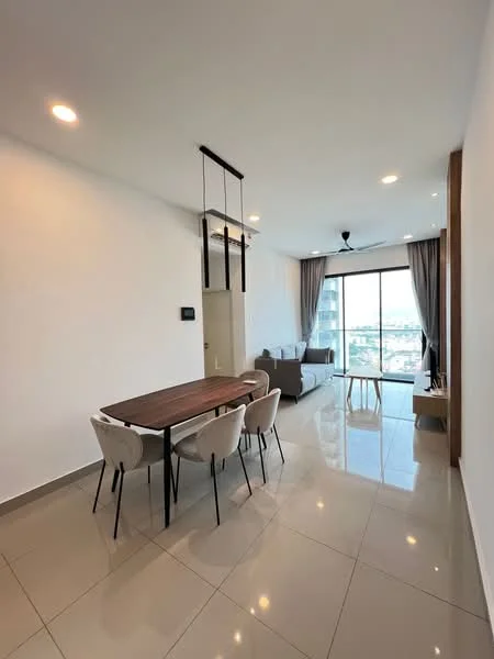 Living features: grey fabric sofa, 4-seater dining table with wooden top, white dining chairs, floor-to-ceiling windows, curtains, recessed downlights, ceiling fan, polished ceramic tile flooring, wall-mounted TV console, decorative wall art; style: modern; view: city.