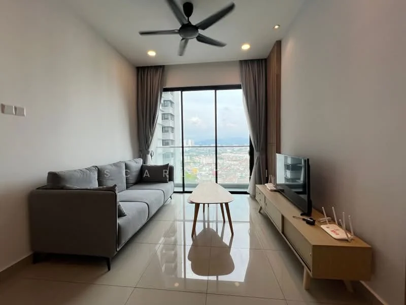 Living features: 3-seater fabric sofa in grey, wooden coffee table, TV console in light wood, wall-mounted TV, floor-to-ceiling windows, grey curtains, recessed downlights, polished tile flooring, ceiling fan; style: modern; view: city.