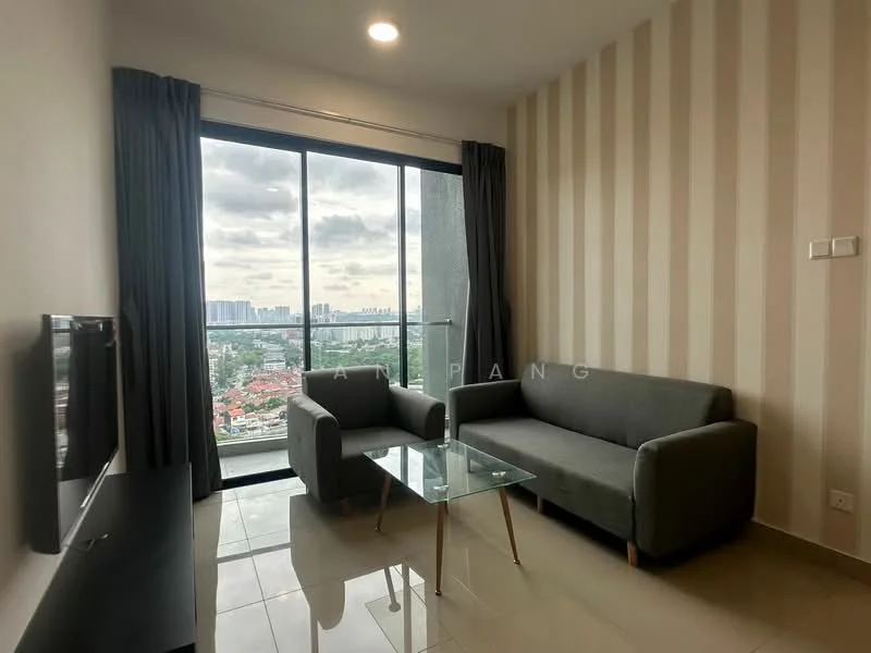 Living features: grey fabric 3-seater sofa, grey fabric armchair, glass coffee table, wall-mounted TV, floor-to-ceiling windows, curtains, white painted walls with vertical stripes, glossy tile flooring, city view; style: modern; view: city.