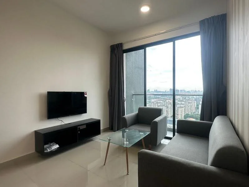 Living features: grey fabric 2-seater sofa, grey fabric 3-seater sofa, glass coffee table, wall-mounted flat-screen TV, black TV console, floor-to-ceiling windows, curtains, tile flooring, city skyline view; style: modern; view: city.