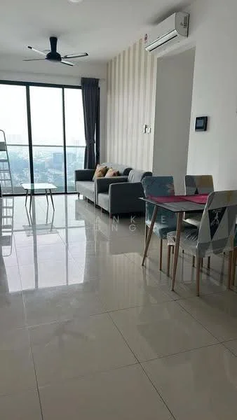 Living features: grey fabric sofa, 3-seater sofa, coffee table, floor-to-ceiling windows, city view, white painted walls, polished tile flooring, ceiling fan, recessed downlights, curtains, decorative cushions; style: modern; view: city. Dining features: 6-seater dining table, wooden dining chairs, table with colorful design, white walls, polished tile flooring; style: modern; view: city.