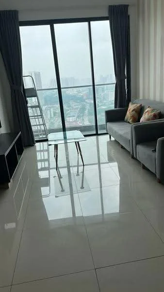 Living features: floor-to-ceiling windows, grey fabric sofa, glass coffee table, polished ceramic tile flooring, curtains, decorative cushions, TV console, city view; style: modern; view: city.