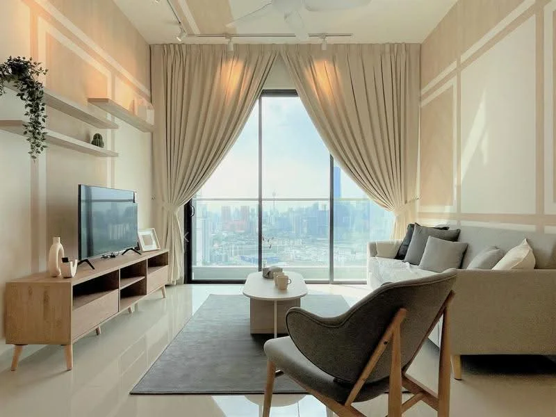 Living features: floor-to-ceiling windows, city view, light wood paneling, cream painted walls, white ceiling, 5-blade ceiling fan, grey area rug, 2-seater fabric sofa in light grey, wooden coffee table, wooden TV console, wall-mounted TV, decorative plants on shelf, sheer curtains, blackout curtains; style: modern; view: city.