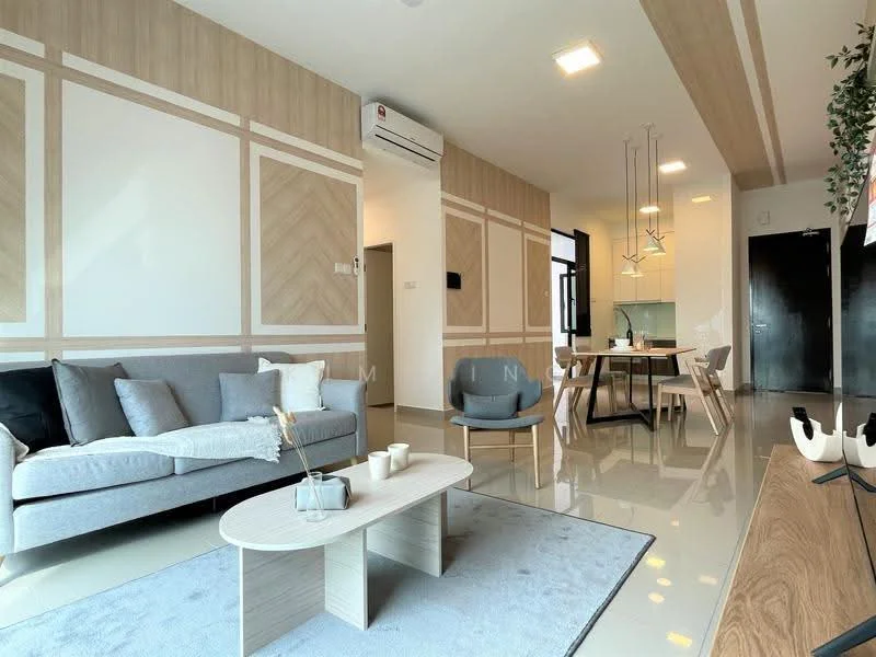 Living features: light grey fabric sofa, coffee table, area rug in light blue, wall-mounted TV, dining table with four chairs, recessed ceiling lights, air conditioning unit, wood panel accent wall, cream painted walls, large windows with natural light, floor-to-ceiling windows, decorative plants; style: modern.